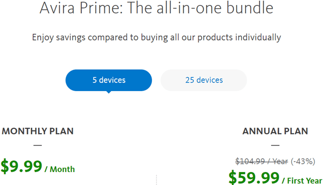 Pricing for Avira Prime