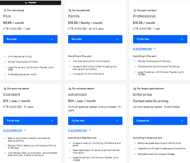 Dropbox Pricing